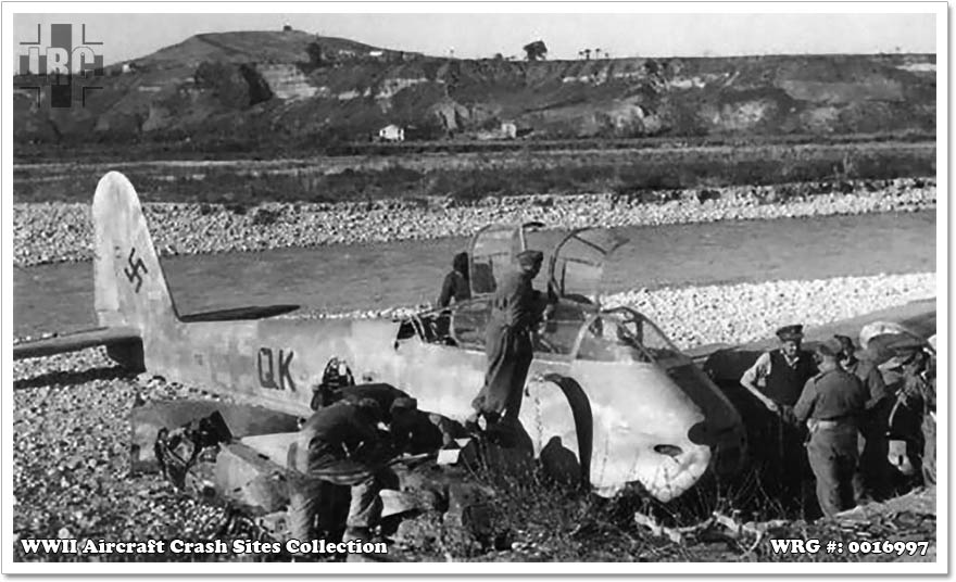 Messerschmitt Me 410 shot down by fighters and belly landed in the Sangro River, Italy, November 26, 1943