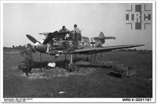 Messerschmitt Bf 109F of Stab II/JG54 undergoing maintenance.