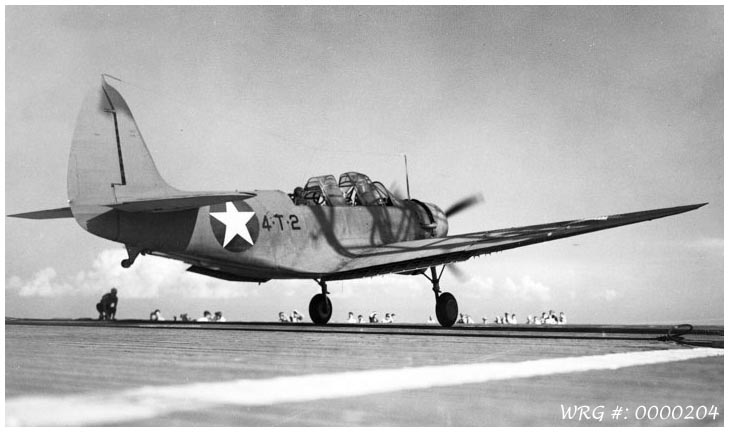 A TBD-1 Devastator of Torpedo Squadron 4, on the deck of a carrier on July 28, 1942. WRG #: 0000204