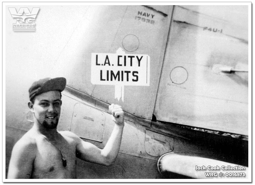 Ltjg Chico Freeman with his F4U-1 Corsair Bu. 17832 of VF-17. WRG# 0016873