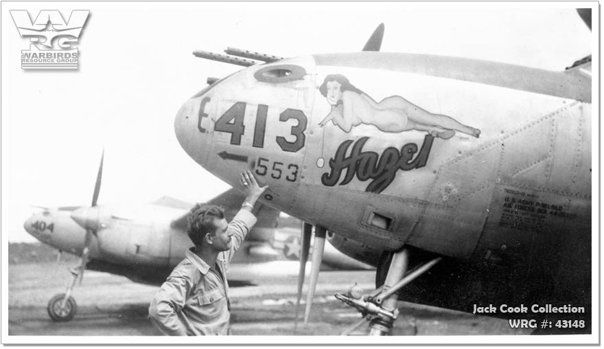 Captain Jack Warren in front of his P-38 Lightning/Hazel, first ace of the 357th FG. Later KIA.