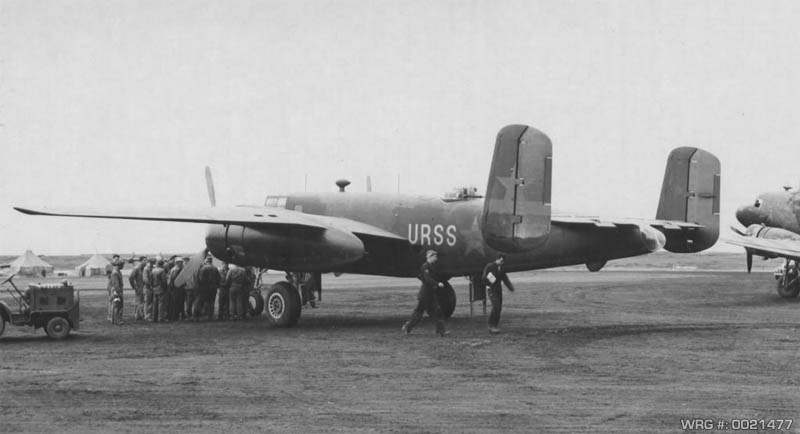 A Russian B-25 Mitchel, supplied through Lend-Lease, arriving in Alaska late summer 1942. WRG #: 0021477