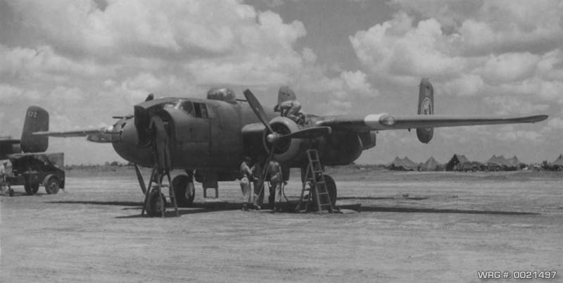 B-25 Mitchell receiving maintenance, Luzon, Philippine Islands August 1945. WRG #: 0021497