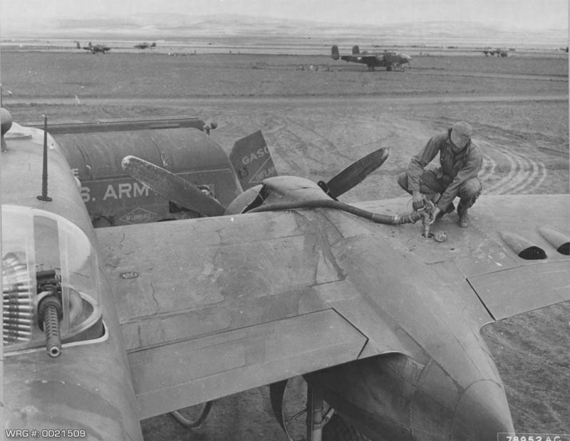 A 310th BG B-25 Mitchell gasses up at Berteaux, North Africa, March 7, 1943. WRG #: 0021509